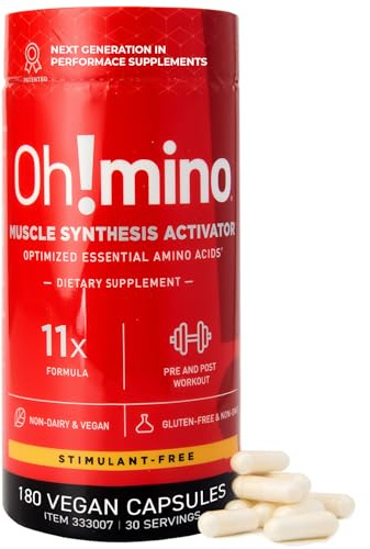 Oh!mino Essential Amino Acids Supplement, Stimulant-Free Capsules, All 9 EAAs, BCAAs, The Perfect Amino for Workouts, Amino Energy, and to Build Muscle, and Recover Faster