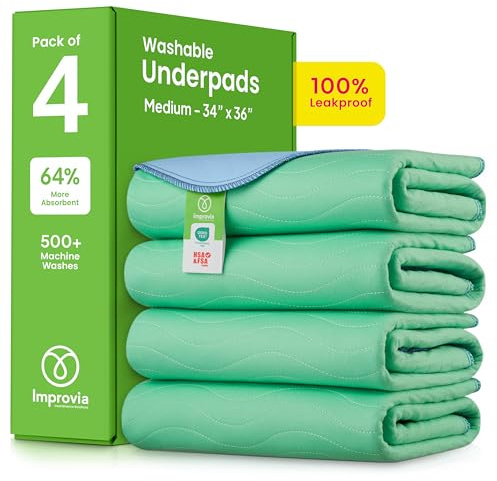 IMPROVIA® Washable Underpads, 34 x 36 (Pack of 4) - Heavy Absorbency Reusable Bedwetting Incontinence Pads for Kids, Adults, Elderly, and Pets - Waterproof Protective Pad for Bed, Couch, Sofa, Floor