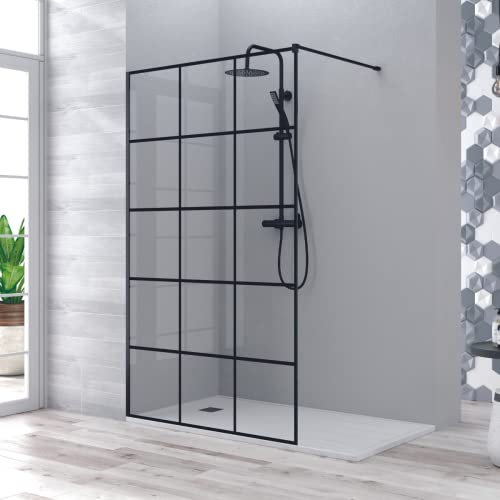 Mampara de Ducha Fijo Frontal | Panel Pantalla Fijo Ducha de Vidrio Templado de 8mm | Tratamiento Antical y Altura de 195cm | Cuadrícula Negro Mate 70cm
