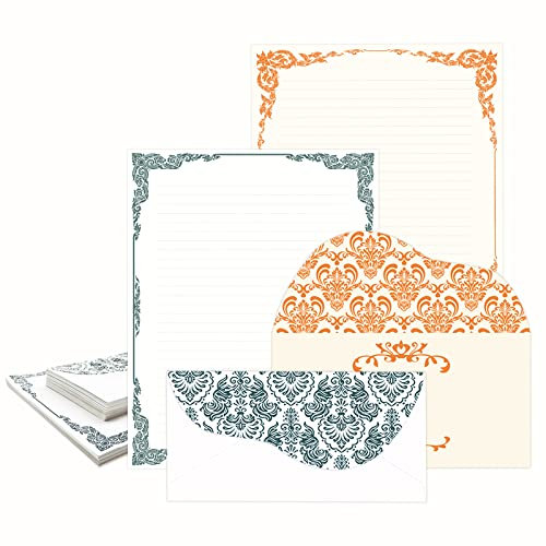 ANZON MORIES Vintage Elfenbein Schreibpapier 64 Doppelseitig Ausgekleidetes Blatt und 32 Umschlag Set, Spitzenmuster 2 Farbe Marine Orange Gold Rand Briefpapier Brief Schreibpapier 8,5 x 11 Zoll