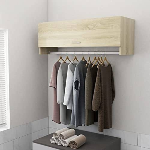 Wakects Armadietto Pensile a Muro con Asta Appendiabiti, 2 Scomparti e Ante, 100 x 32,5 x 35 cm, Rovere Sonoma, per Camera da Letto Bagno Balcone