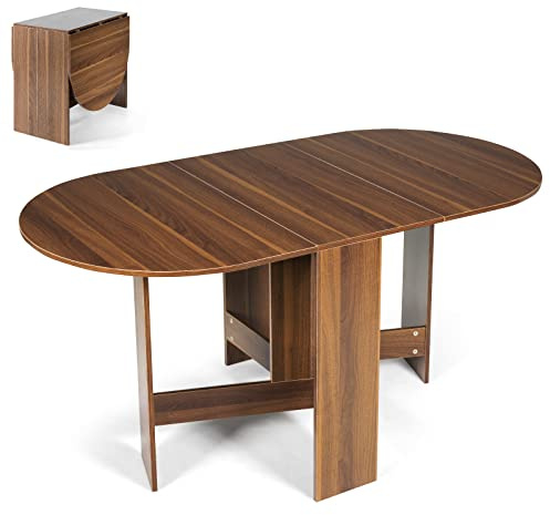 GiantexUK Folding Dining Table, Wooden Kitchen Drop Leaf Table for 4-6 People, Space-saving Extendable Study Workstation PC Desk for Kitchen Dining Living Room (Brown)
