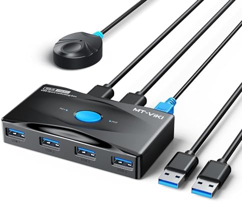 MT-VIKI 2 en 4 salidas USB Switch 2 PC USB 3.0 KVM Switch con 2 cables USB 3.0 de 1,5 m, fuente de alimentación tipo C, selector de escritorio para teclado, ratón, impresora, escáner, USB Sticks