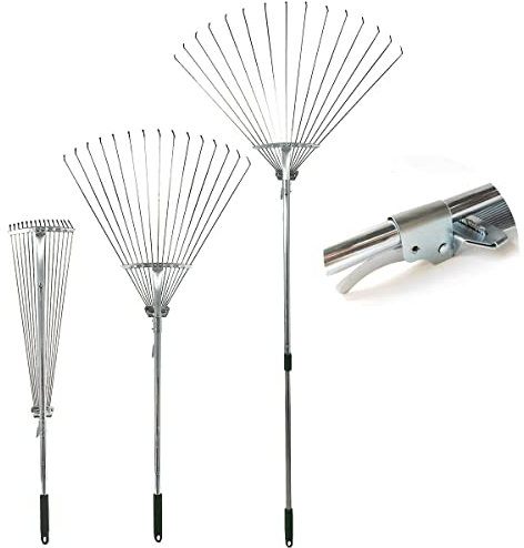 Lawn Leaf Rake Adjustable Metal Rake, 30-65 inch / 78-167cm Long Grass Rake with 19-61cm Folding Head for Lawn and Garden Cleaning, Telescopic Leaf Rake, Silver,Metal Adjusting Buckle (78-167CM)