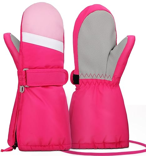 Hyeek Guanti Invernali per Bambini con zip, Impermeabili Guanti da Sci bambino e bambina - Caldi Guanto a mitten Neve ragazzi e Ragazze 2-7 Anni per Sci Ciclismo Snowboard (L(5-6 anni), Rosa)