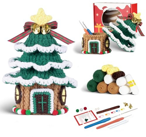 FaCoLL Häkelset für Anfänger, DIY Häkel Set, Strickset mit Häkelnadeln, Häkel Weihnachtsbaum Set, Lustige Mini Tisch Aufbewahrungsbox, Strickset Bastelset, Schritt für Schritt-Video-Anleitungen