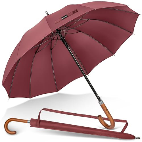 KEYHOT Umbrella Large 55 Inch - Stick Umbrellas with Wood Handle - Automatic Open 12 Ribs Strong Large Umbrella Windproof with J Hook for Adult Men Women (Burgundy)
