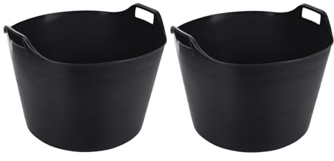 (Set Of 2) - BLACK 75L Heavy Duty Extra Large Flexi Tub Rubble Container Flexible Versatile Plastic Storage Bucket, Horse Feeder, Home Garden Tub.