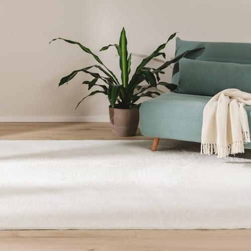 benuta Basic Alfombra Salon Furry - Crema 160x230 cm - De Piel sintética - Suave para Sala y Dormitorio - Base Antideslizante - Lavable - Compatible con calefacción bajo Suelo