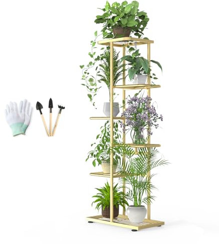 6 Niveaux Support de Plante en Métal avec Outils de Jardinage et Gants, 108cm Multiple Étagère à Fleurs Support de Pots Fleurs, Porte Plante Interieur Exterieur pour Maison Balcon Jardin, Doré