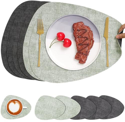 Chitomars Tischsets Leder und Untersetzer, Platzset Rund doppelseitig | Tischsets abwaschbar rutschfest Platzsets Lederoptik Platzdeckchen Teller Untersetzer (Grau Grün, 6er Set)