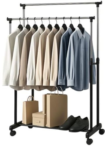My-goodbuy24 Kleiderständer mit 2 höhenverstellbaren Kleiderstangen, Garderobenständer auf Rollen, Rollgarderobe Garderobenwagen, Kleiderwagen stabil, 76 x 41 x 91-159,5cm, schwarz