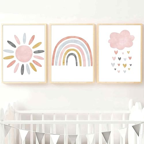 IBXWMNG Kinderzimmer Poster, 3er Set Boho Regenbogen, Sonne & Wolke Deko - Wandbilder für Jungen & Mädchen, Wohnzimmer, Schlafzimmer - ohne Rahmen - stilvolle Wanddeko