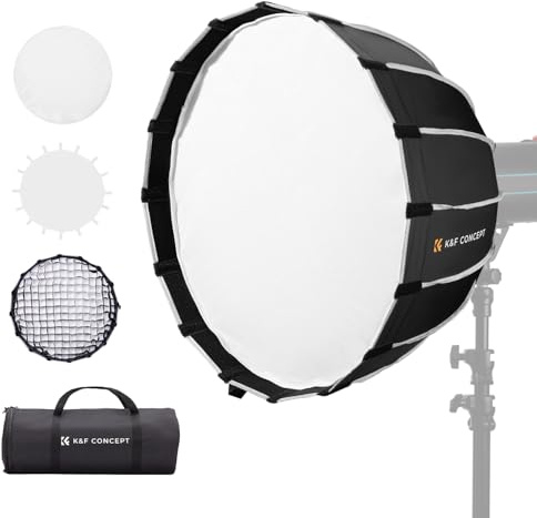 K&F CONCEPT 60cm/23‘’Tiefe Parabol Softbox Honeycomb Gitter+Diffusor+Tasche | Quick Release Umbrella Octagon Softboxen Bowens Mount für COB-Lampen Blitzlampen