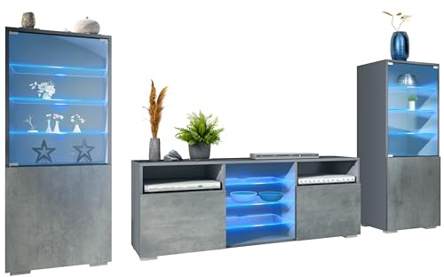 Vladon Wohnwand Granada, Anbauwand bestehend aus 2 Vitrinen und 1 TV-Board, Anthrazit matt/Beton Dunkel Optik inkl. LED-Beleuchtung (286 x 122,5 x 35 cm)