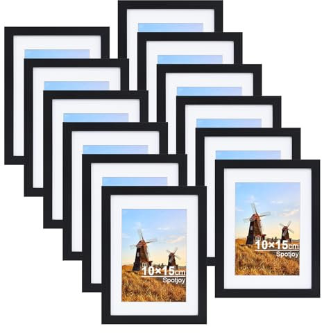Spotjoy Bilderrahmen 10x15 cm 12er Set Fotorahmen Posterrahmen mit Passepartout Holzrahmen Dokumentenrahmen stabiles MDF-Holz Rahmen mit Acrylglas, Schwarz