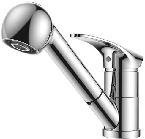 FORIOUS Rubinetto Lavello Cucina, Rubinetto Cucina con Doccetta Estraibile in Acciaio Inox, Miscelatore Cucina Monocomando, Girevole a 360°per 1 Foro, Cromo Lucido