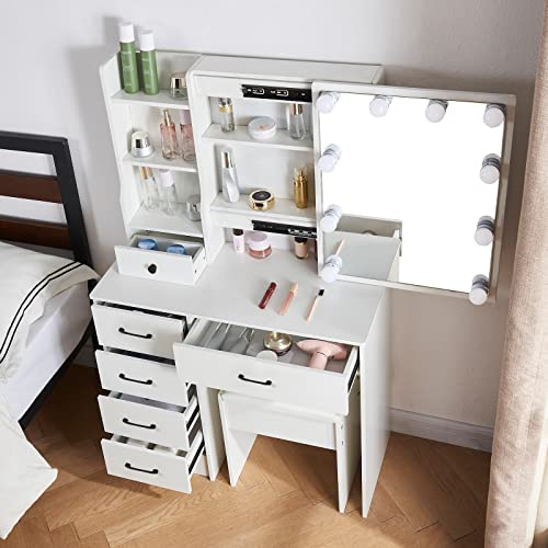 Buildonely Schminktisch mit Hocker und Spiegel, Frisiertisch mit Beleuchtung, Kosmetiktisch mit LED Lichts 3 Farbtemperaturen und Einstellbarer Helligkeit, 6 Schubladen, Weiß, 36x80x131 cm