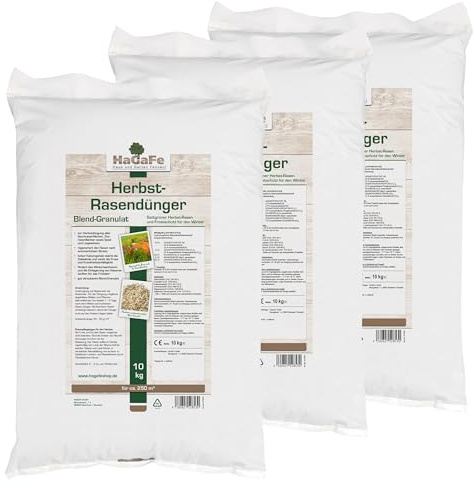 30kg (3 x 10kg) HaGaFe Herbstrasendünger, Herbst - Rasendünger, Rasen - Dünger, Kaliumdünger für Frosthärte und Standfestigkeit, gut streuwagenfähig, Blend-Granulat