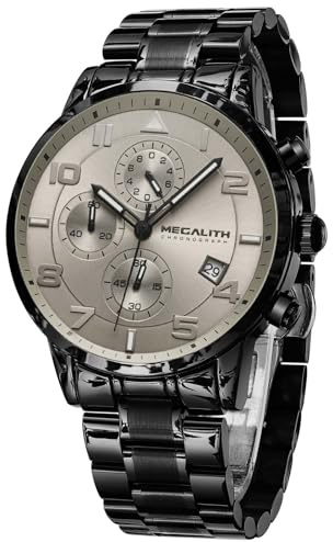 MEGALITH Armbanduhr Herren Chronograph Sport: Wasserdicht Edelstahl Analog Quarz - Militär Datum Schwarz Uhren für Männer