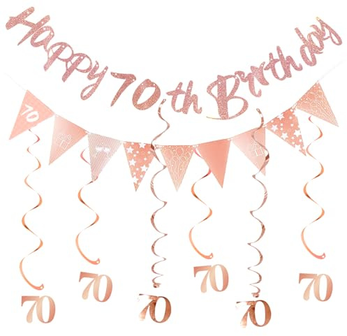 ALEGRE Deko 70 Geburtstag Frau,Girlande 70 Geburtstag Deko Spirale Set, Luftschlangen 70 Geburtstage Frauen Deko,Banner 70. Geburtstage,Spiralen Geburtstagsdeko 70 Jahre,70er Geburtstags Deko Roségold