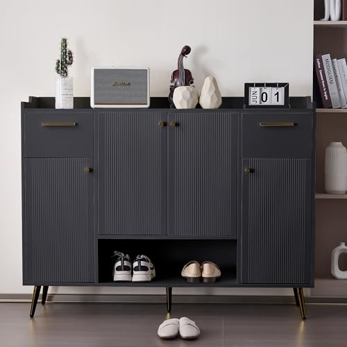 SogesHome Schuhschrank Konsolenschrank Sideboard Schuhregal mit 2 Schubladen und 4 Türen für Wohnzimmer Flur,130x37x100 cm