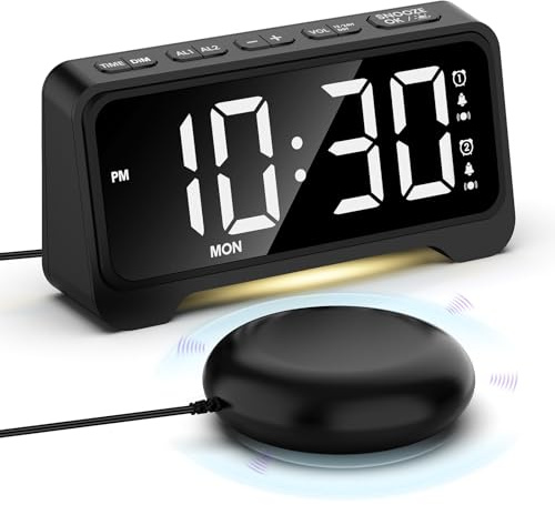 Despertador con Vibración, Despertador Extra Fuerte con Agitador de Cama, Reloj Digital de Mesilla, con 2 Alarmas y Modo Fin de Semana, Brillo y Sonidos Regulables, Gran Pantalla LED