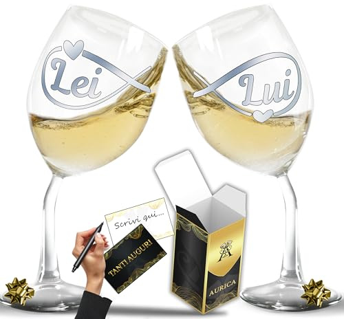 Aurìca Calici Vino Personalizzati LUI&LEI – Set 2 Bicchieri Piegati Romantici Con Simbolo Dell'Infinito Per Brindare Insieme - Regalo Coppia Perfetto Per San Valentino Con Confezione Regalo Inclusa