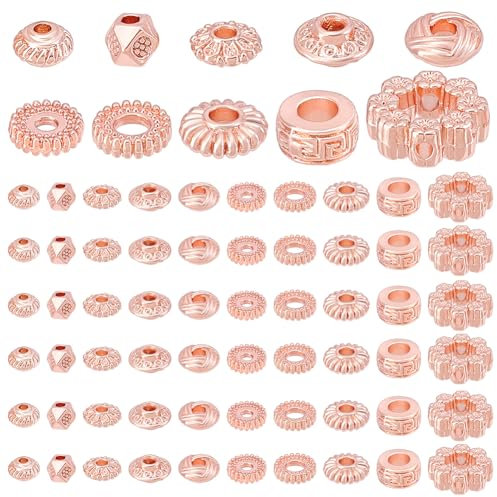 PH PandaHall 100pcs 10 Styles Spacer Beads Bracelet Beads Flat Round Flower Beads Column Beads Rose Gold Metallic Beads Cube Beads for Jewellery Making Friendship Bracelet Making Kit 4~10mm
