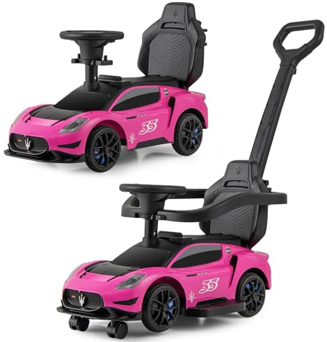GOPLUS Cochecito de Empuje 3 en 1 para Niños, Coche de Paseo con Asa Extraíble, Barandilla de Seguridad y Almacenaje Bajo Asiento, Juguete con Bocina y Música, para Niños de 18-60 Meses (Rosa)