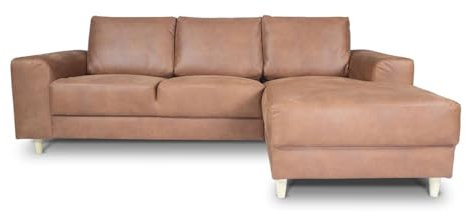 Nordic Sofa mit Chaiselong (Leder - rechts gewendet, Cognac) – T148xH82xB222 – Samt – Holz, Sperrholz; Faserplatte,Polyetherschaum – Farbe Cognac – Zierkissen – skandinavisch Design – für Wohnzimmer