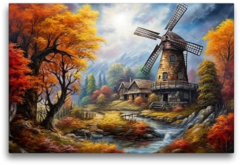 CALVENDO Premium Textil-Leinwand 75 x 50 cm Querformat Windmühle im Herbst | Wandbild, HD-Bild auf Keilrahmen, Wanddekoration, Kunstdruck von Sabine Löwer