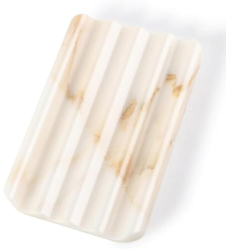 Koville Natural Marble Soap Dish for Bathroom Shower, White Gold Marble Soap Tray for Bathroom, Stone Soap Tray for Sink, Stripe Grooves Soap Saver Keep Soap Bars Dry Easy Clean
