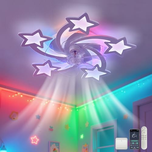 RGB Ventilatore Da Soffitto Con Luce E Telecomando, Moderno Stella Dimmabile Ventilatore Da Soffitto Con Luce Reversibile Lampadario Con Ventilatore Silenzioso Timer, Bianco