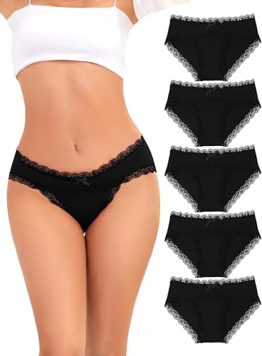 VOENXE Algodon Bragas Mujer Pack,Braguitas Bikini Underwear Encaje Women | Mujeres con Ropa Interior Braga,Algodón Women Hipster Panties,Cotton Talle Bajo Waist MúLtiples Microfibra Slip,Paquete De 5
