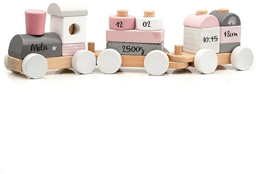 Personalizzabile treno in legno Rosa – faggio FSC, 14 pezzi – da 12 mesi – sviluppa la motricità fine – personalizzato con nome & date di nascita – Label Label