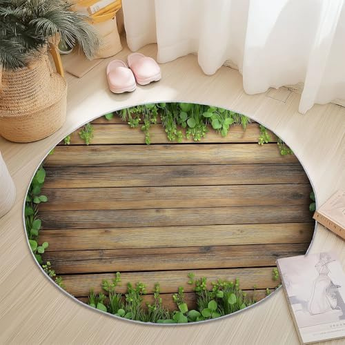 Round Rug for Living Room 180 cm, 3D Wood Leaves Green Grass Rug Washable & Non-Slip Low Pile Circle Carpet, Soft Circle Rugs for Bedroom, Nursery, Entryway, Dinning Room, MultiColorful