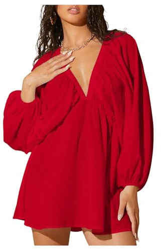 MakeMeChic Women's Deep V Neck Mini Dress Summer Beach Vacation Backless Dresses Casual Sundress Red Medium