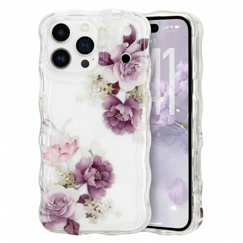 Micoden Cute Curly Wave Case for iPhone 17 Pro,Clear with Anti-Yellowing Flower Floral,Soft TPU Slim Bumper Shockproof Anti-Scratch Protective Wavy Cover for Girls Women-Purple