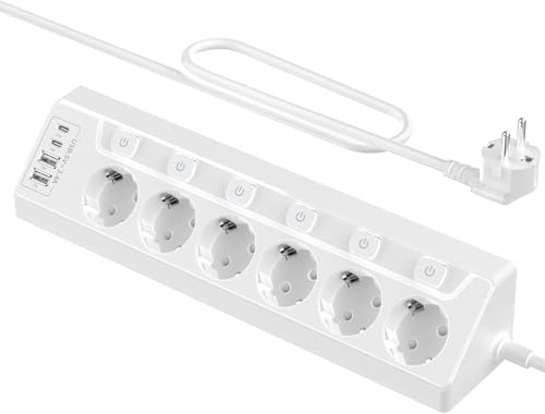 Grenuttag enkelt omkopplingsbart flera uttag – 6 fack flera uttag med 4 USB-portar (3680W, 16A), 10-i-1 bordsuttag med 2 m kabel, för hem och kontor