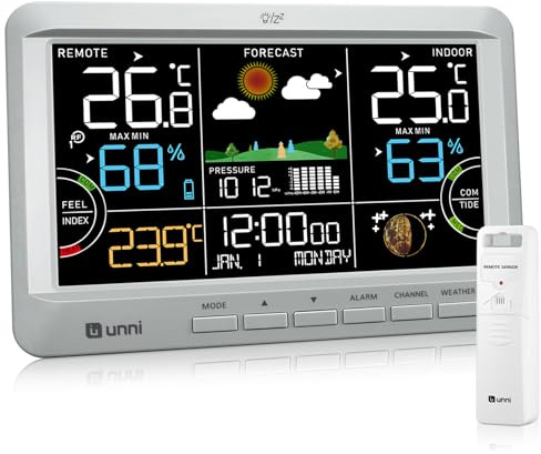 Weather Station Indoor Outdoor Thermometer Wireless, Home Atomic Clock with Large Constant Display, Dew Heat Point, Barometer Grey