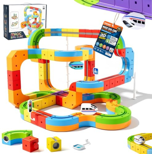 Clickrail Electric Train Set, Track Fusion Toy, Magic Rail Cube Train Set, with Gravity-Defying Motorized Train, 3D Embedded Layouts Train Track Set, DIY Cube Track, for Kids (123PCS)