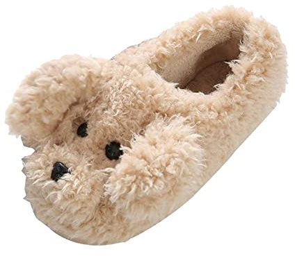 Mjuka hemtofflor för kvinnor minnesskum halkfria husskor söta stängda tåskor bekväma inomhusskor varma tjocka skor med fotstöd teddy fleecetofflor för kvinnor, Khaki, 4.5 UK