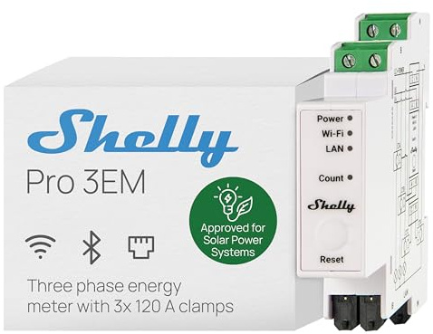 Shelly Pro 3EM (120A) V2 | WLAN & LAN DIN-Schiene 3-Phasen Energiezähler | Echtzeit-Überwachung | kein Relais-Schalter | Kein Hub Erforderlich | Solarpanels | PV-Systeme | Wirkenergie der Klasse B