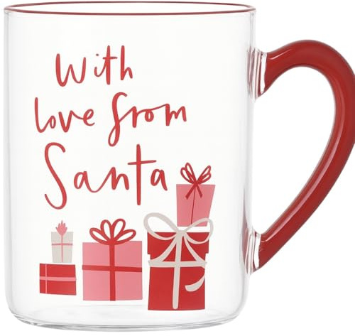 eBoutik - Elegante tazza in vetro per bevande natalizie, cioccolata calda, tè, caffè e vin brulè - Calda tazza per riempire la calza della Befana (con amore da Babbo Natale)