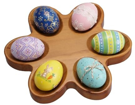 Hemobllo Eierhalter aus Holz für 6 Eier – Edle Eierablage im Blumendesign für Ostern – Servierplatte für Gefüllte Eier, Rustikale Osterdeko & Eiertablett aus Massivholz für Küche & Frühstückstisch