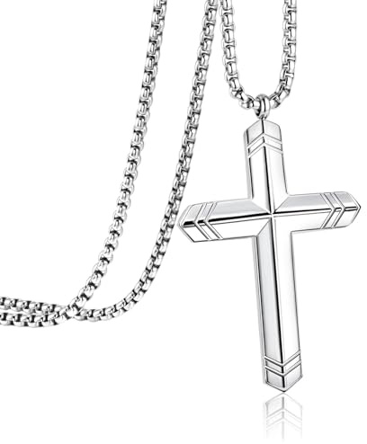 Kreuz Kette Herren Kreuzkette Edelstahl - 316L Chirurgenstahl Kette mit Groß Kreuz Anhänger Silber, Cross Necklace for Men, 60 CM Länge Massiv Edelstahlkette mit Kreuzanhänger Geschenk für Männer