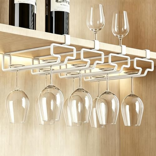 Mxdzshy 4 Pezzi Porta Calici Sottopensile Porta Bicchieri Sospeso Metallo | Portabicchieri Vino Sospesi Supporto Bicchieri Vino Senza Foratura Reggi Calici da Mensola per Cucina Bar Ristorante Bianco