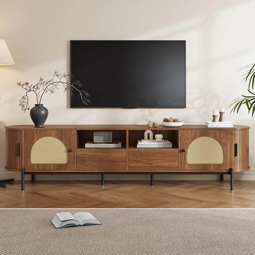 Ovaler Tv Schrank Holz Mit Rattan-Türen & Schiebetüren, 200cm Tv Lowboard Stehend mit Kabelmanagement, Fernsehschrank für Skandi-Stil,200cm a