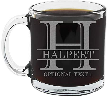 Spotted Dog Company Personalised Etched 384ml Glass Coffee Mug, Custom Birthday Espresso Cups, Customised Tea Cappuccino Hot Chocolate Cup, Halpert Monogram